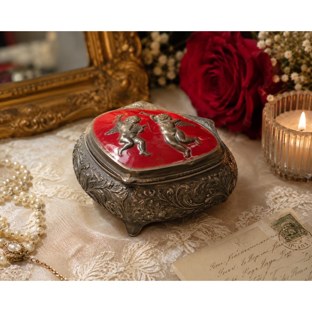 VTG Silver Tone Red Velvet Lined Metal Footed Cherub Jewelry Trinket Box Japan